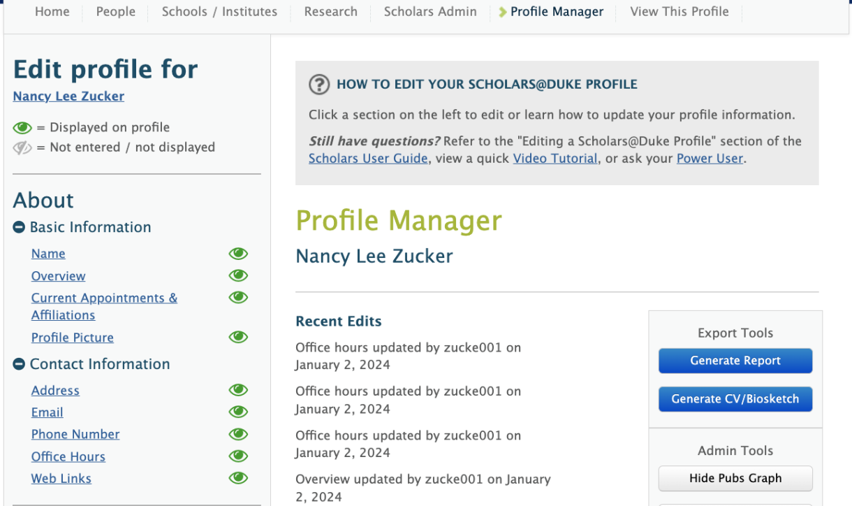 Recent Edits feed on Profile Manager homepage