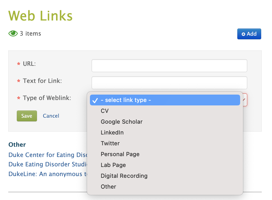 Menu showing the different types of Web Links